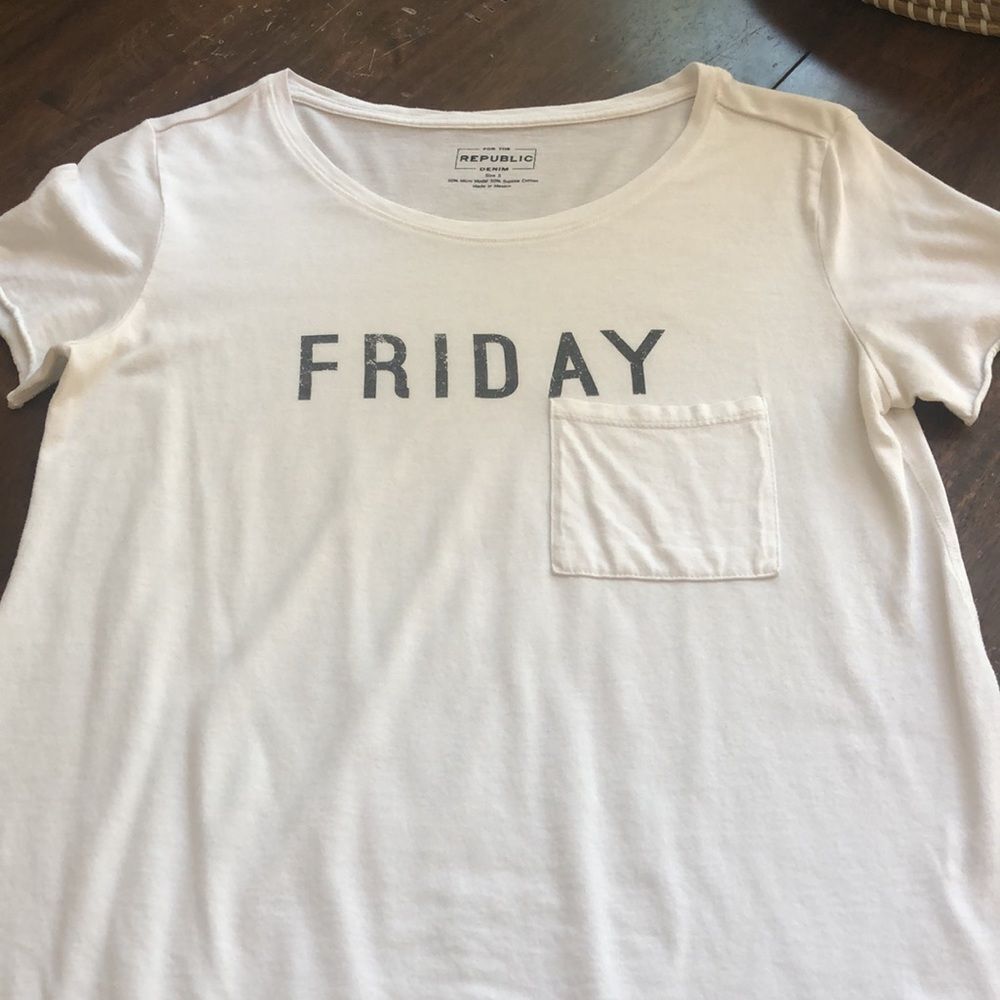 For The Republic Denim Women's White Friday Graphic Tee Shirt Pocket Top Size S